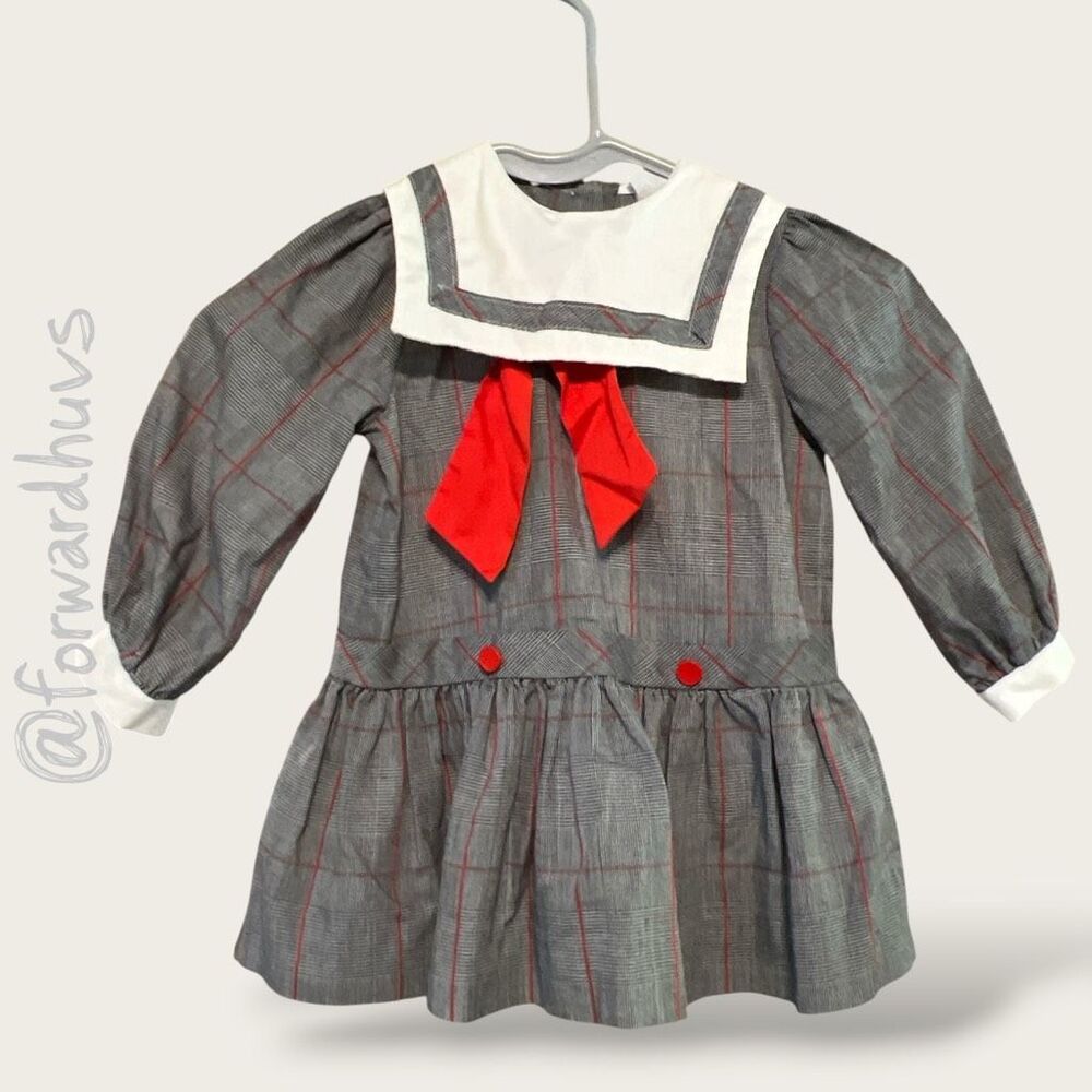 Vintage Bryan Toddler Sailor Dress Gray Plaid Red Bow USA Size 3T
